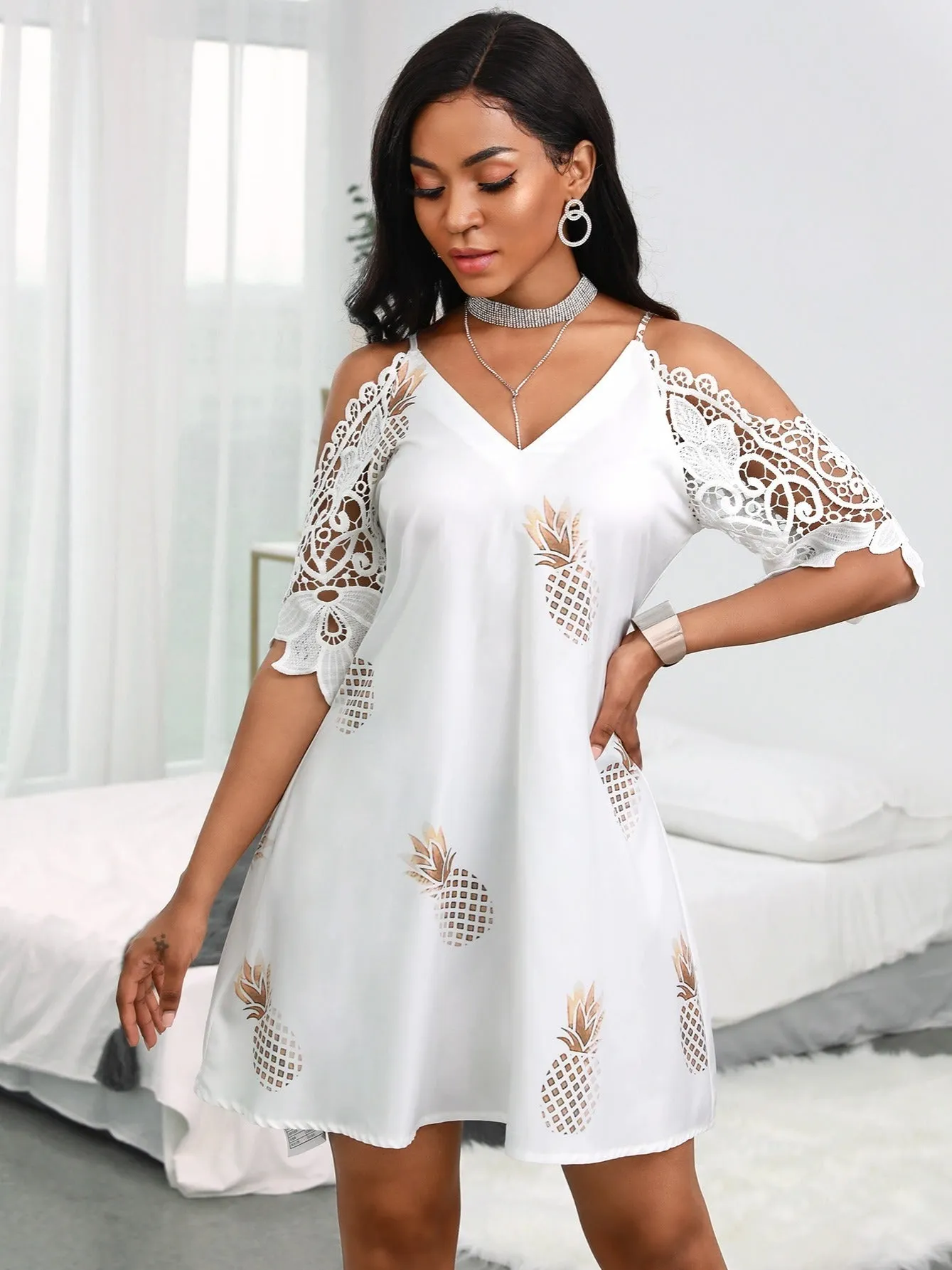 Women's Dresses  V-neck Contrast Lace Bohemian Dresses