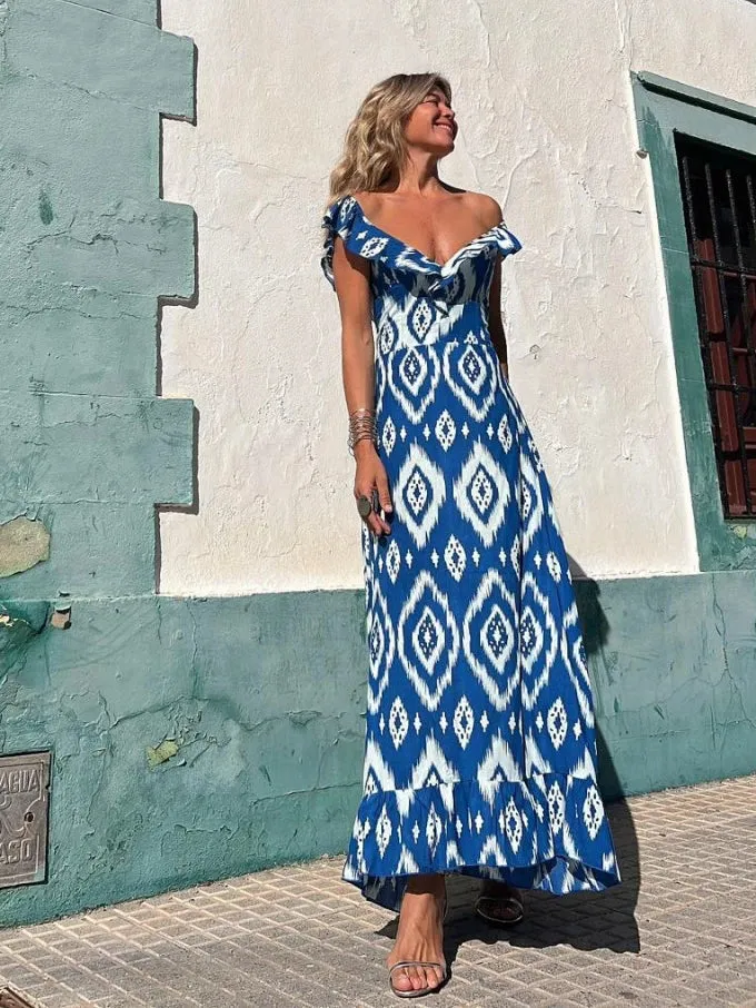 Women's Fashion Beach Long Print Maxi Dress - 2024 New Summer Collection