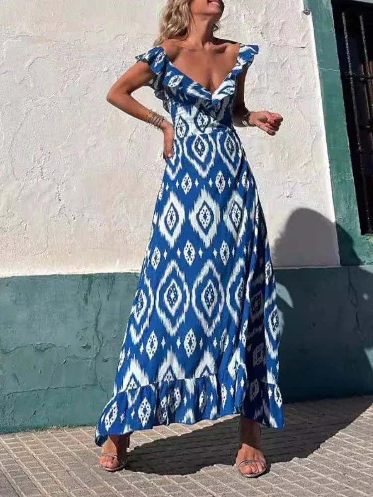 Women's Fashion Beach Long Print Maxi Dress - 2024 New Summer Collection