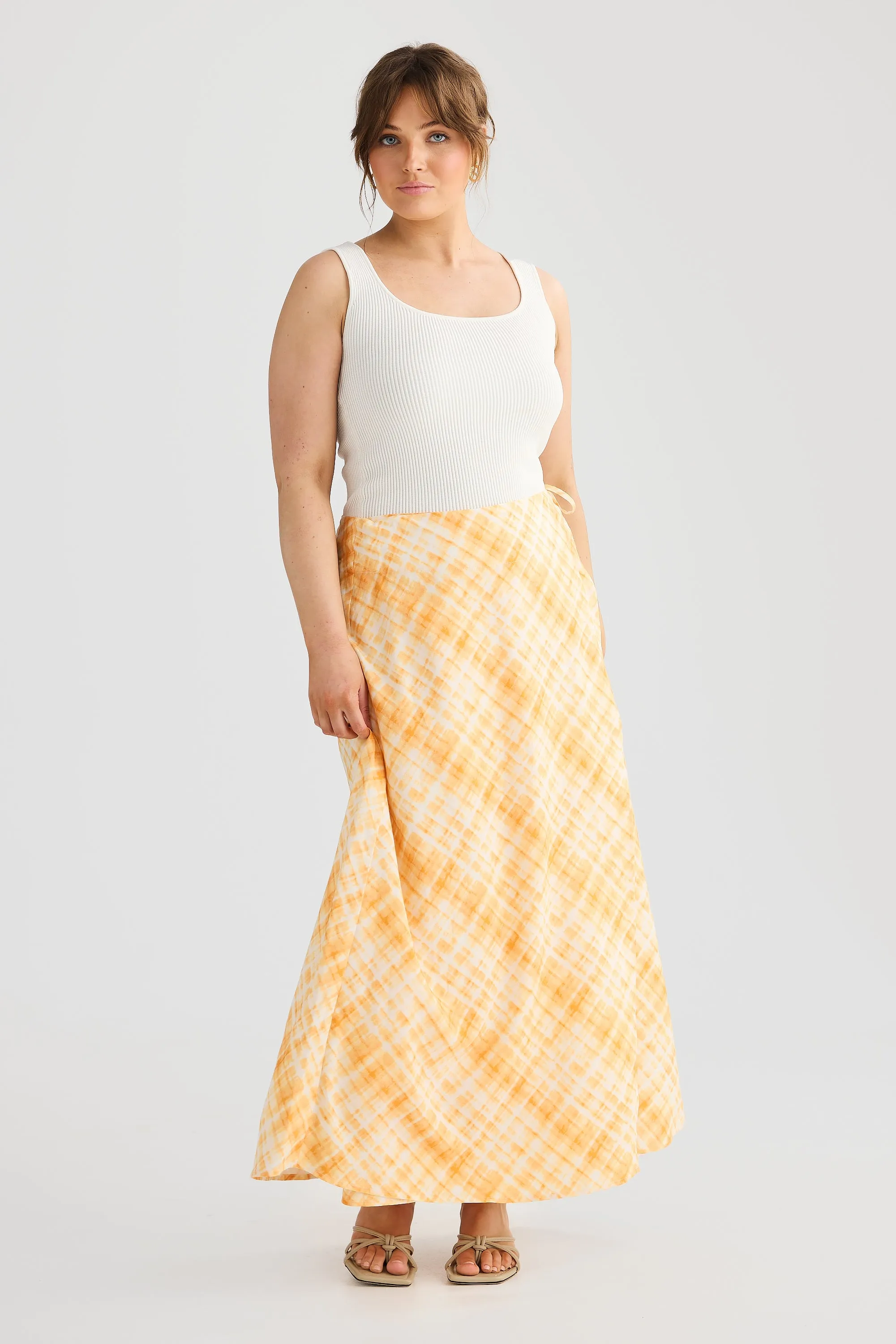 Wrap Midi Skirt - Tangerine Check